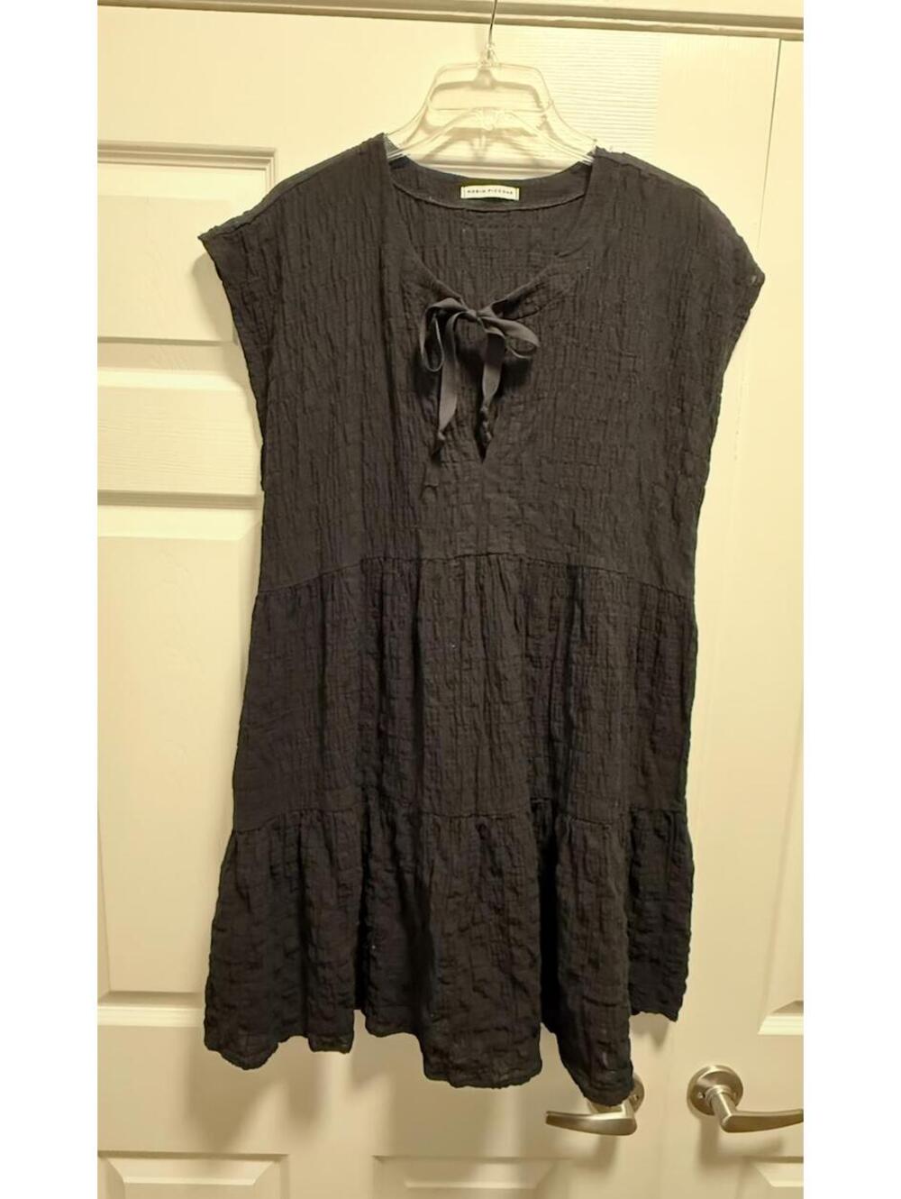 Robin Piccone Black Textured Cotton Tiered Dress L